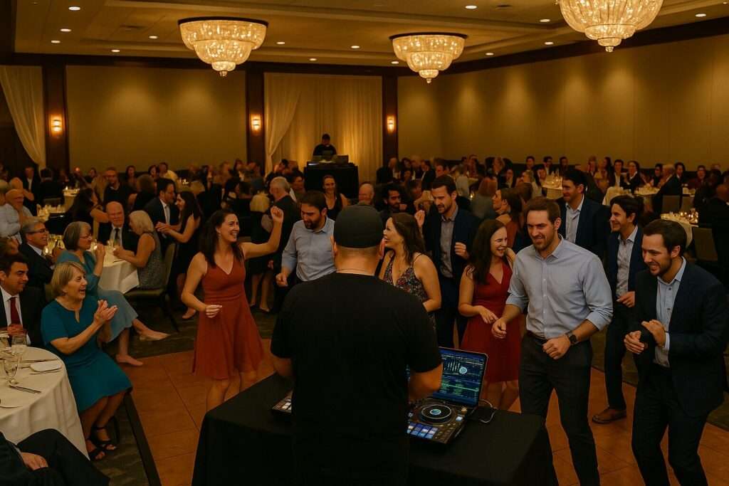 DJ Big A performing in a spacious banquet hall, facing a lively and diverse crowd of guests dancing and enjoying the event.