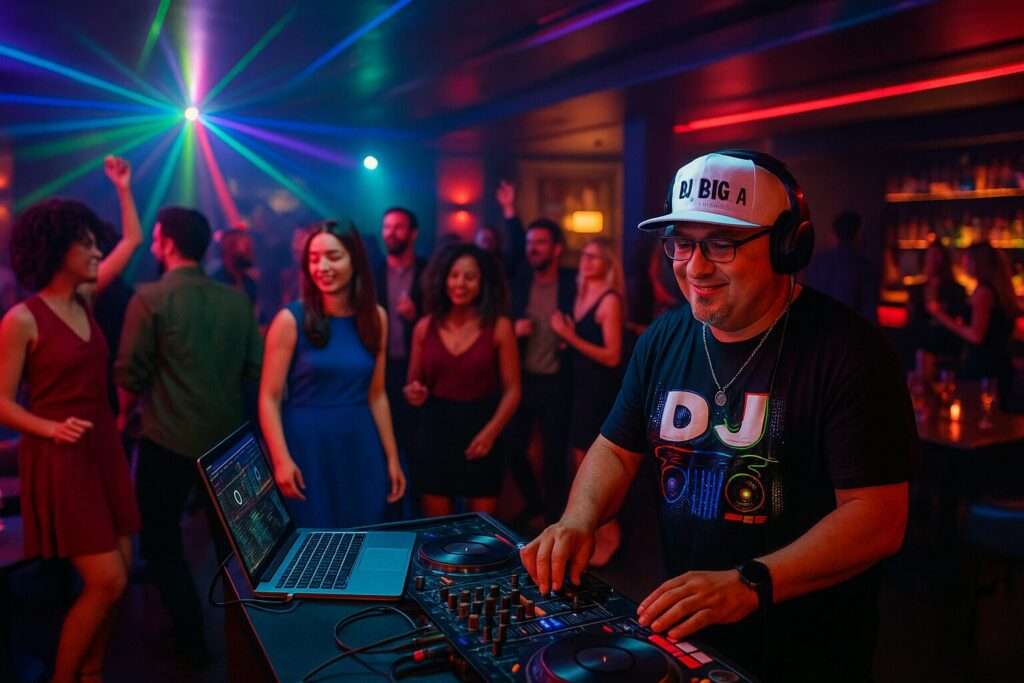 DJ Big A performing at a nightclub lounge with neon lights, diverse crowd dancing behind him, and vinyl and digital DJ gear on his booth.