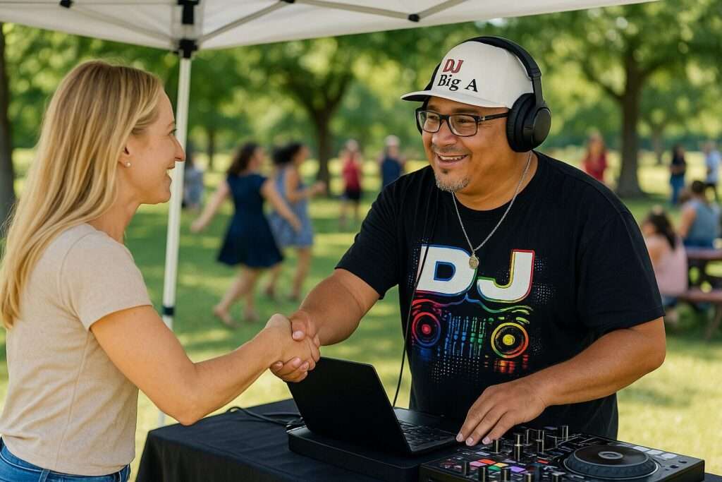 DJ Big A smiling while shaking hands with a blonde woman at his DJ booth under a canopy in the park, with guests dancing and socializing in the background.